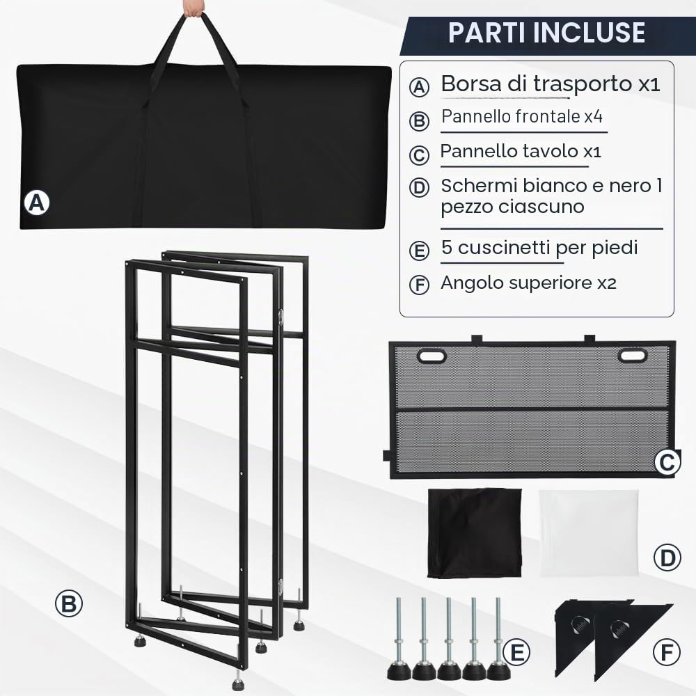 Kokorona Cabina DJ portatile 108 x 51 x 115 cm con doppio angolo superiore, cabina facciata DJ con foro per cavi, supporto da tavolo DJ con striscia luminosa e telecomando, telaio in metallo + scrims