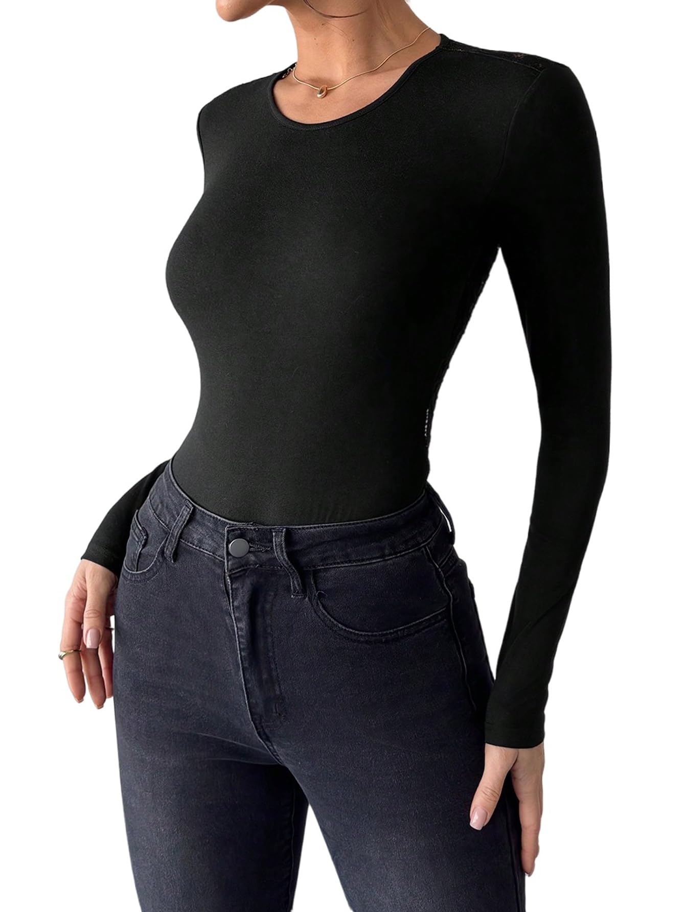 GORGLITTER Body à manches longues pour femme avec dentelle - Élégant - Dos nu - Tenue de festival - T-shirt à manches longues