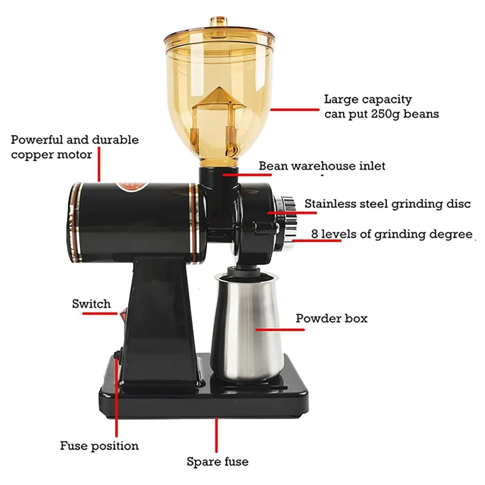Molinillo De Café Eléctrico En Grano, Molinillo De Café Profesional, Con Almacén De Granos Anti-Salto, 8 Configuraciones De Molienda, Capacidad De Grano De Café 250g, Para Granos De Café, Especias