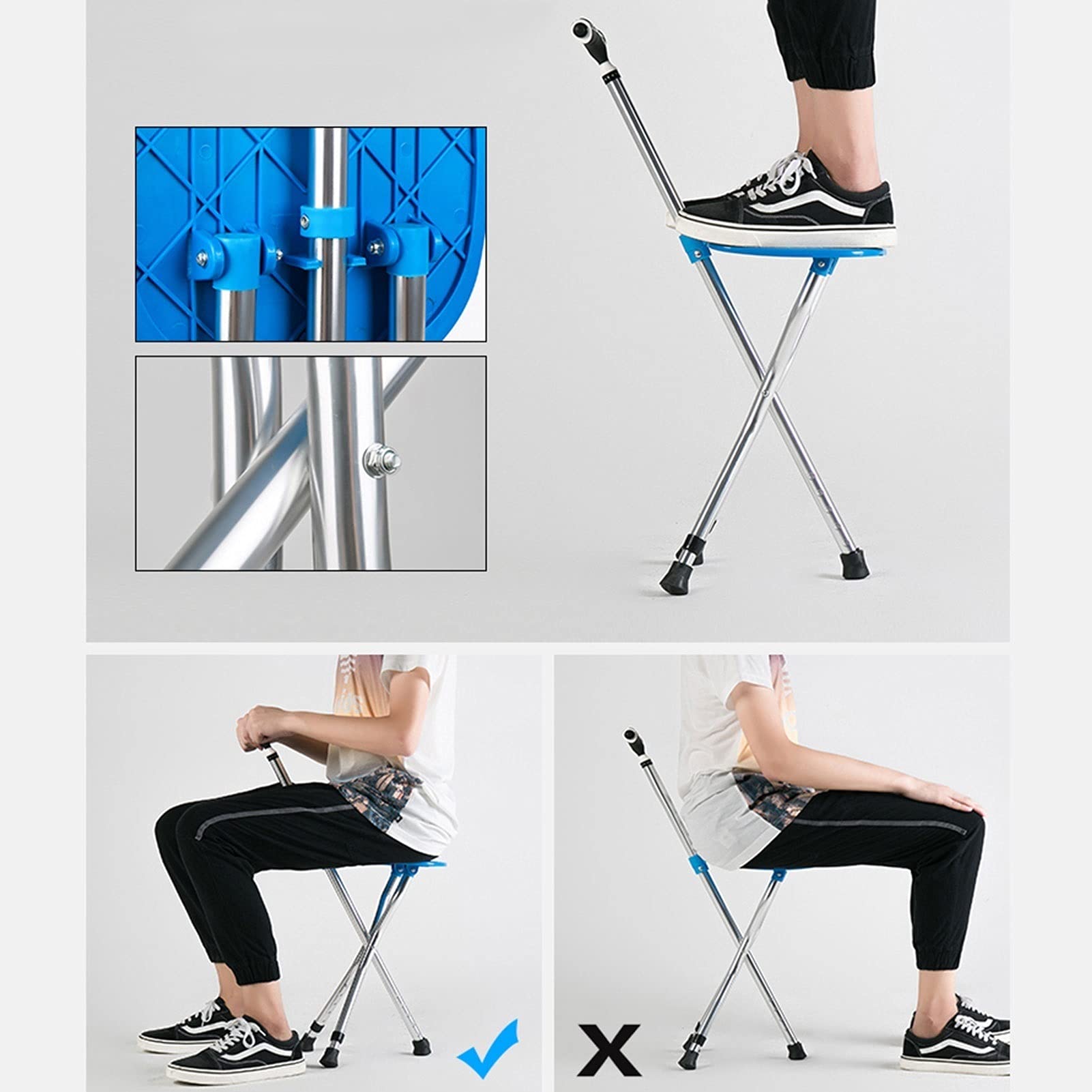Asiento de bastón plegable, silla de caña de aluminio ajustable de altura con luz LED, taburete de muleta para ancianos, personas mayores y discapacitados, mango de masaje y base antideslizante, azul