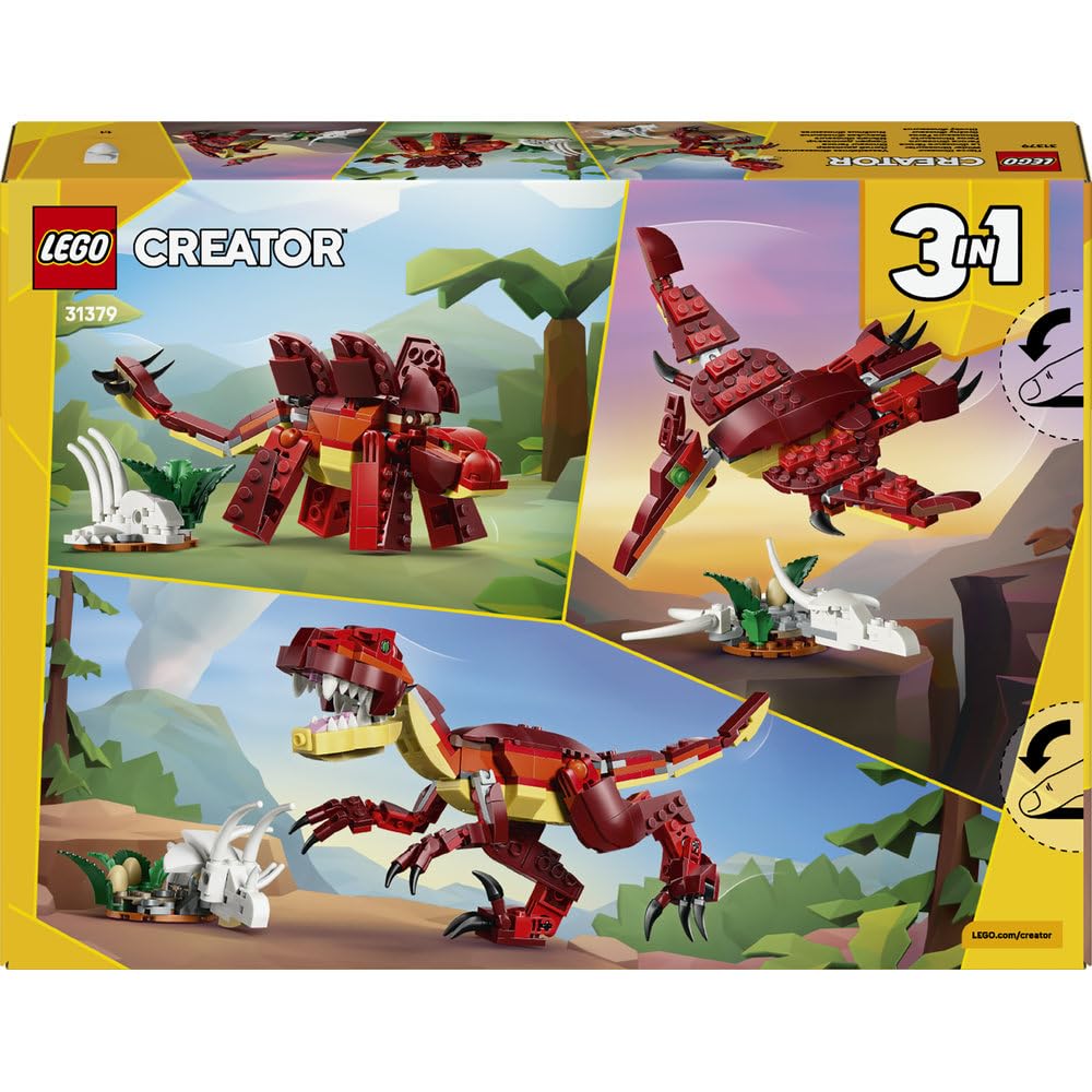 LEGO Creator 3 w 1 Groźny dinozaur, trzy opcje budowania: welociraptor, stegozaur lub pterozaur, zabawka konstrukcyjna dla chłopca i dziewczynki, prezent dla dzieci w wieku od 8 lat 31379