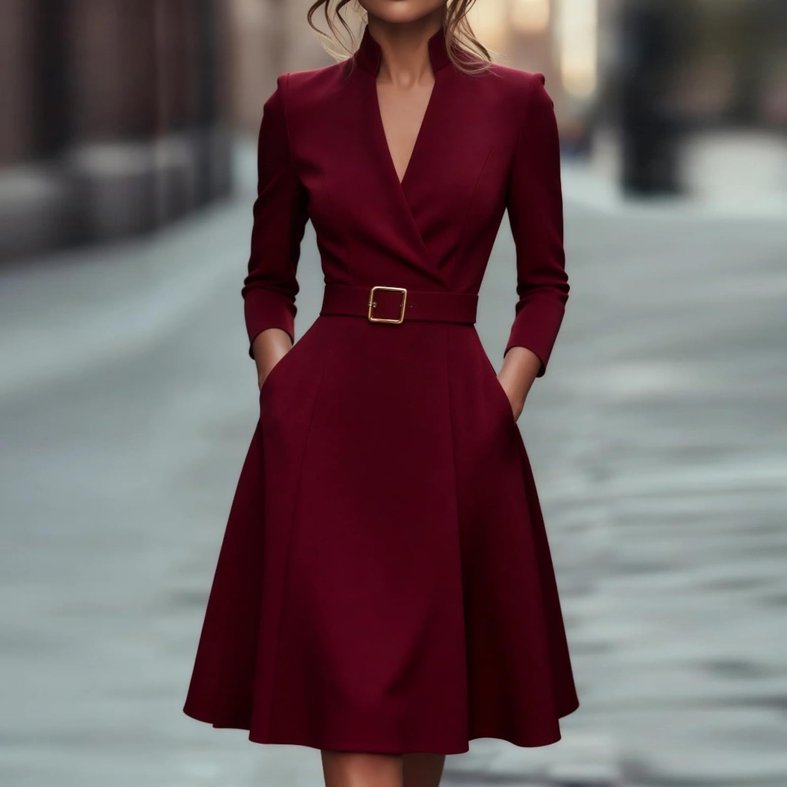 Vestido Mujer Elegante Manga Larga - Vestido Invitada Boda Cuello En VEntallado, Dresses Midi Trabajo Moda, Dresses For Women Línea A Classic Adecuado para Primavera Y Verano