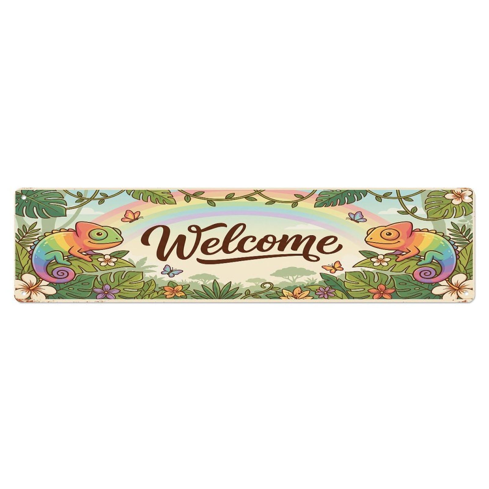 Olhnbad 4X16inch(10X40cm) Vintage Welcome Chameleon Leaf Metal Tin Sign