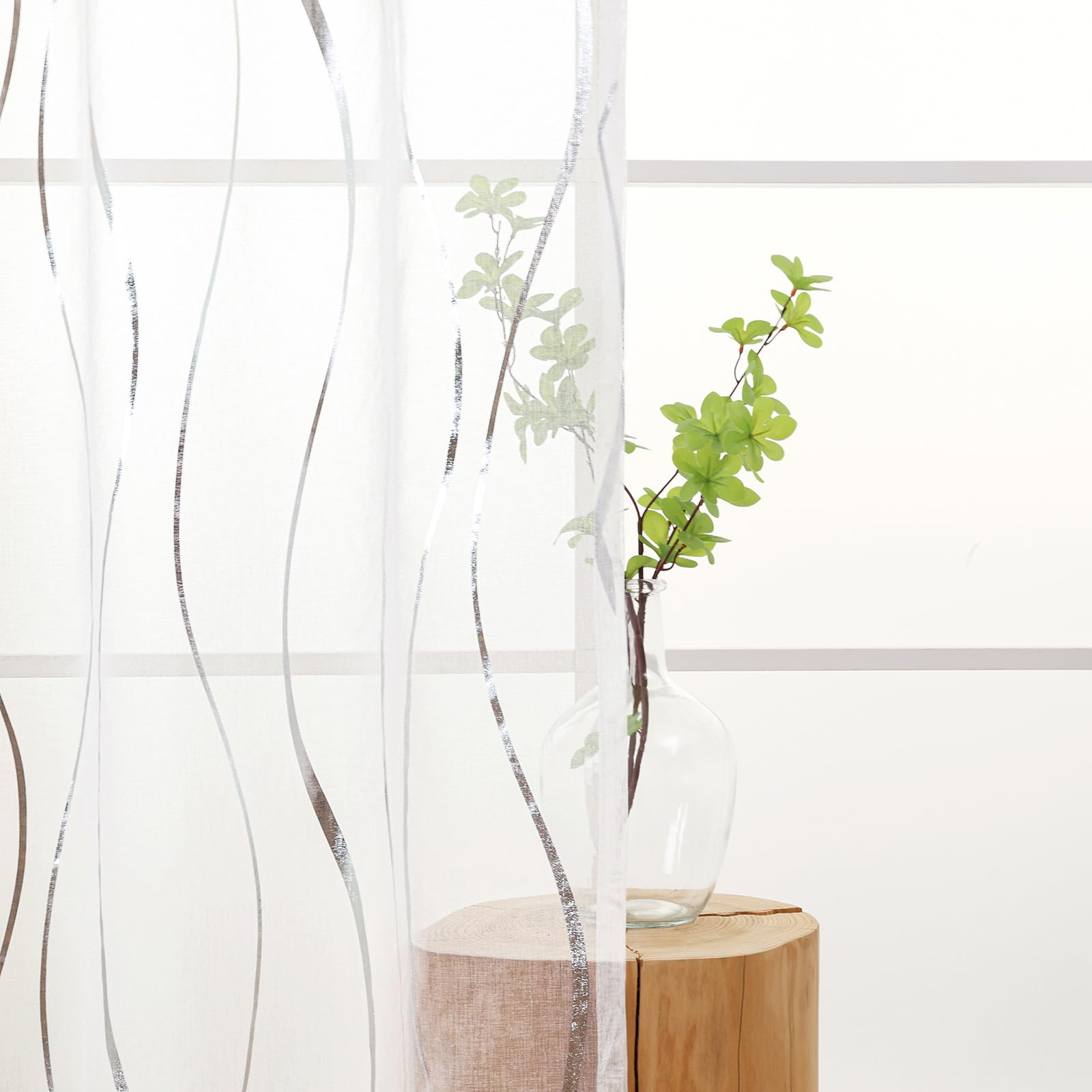 L.Z.E Silber Weiß Gardinen Vorhänge, Transparente Wellenmuster Gardine Vorhang für Wohnzimmer Schlafzimmer Arbeitszimmer, 2er Set Dekogardine Schal mit Ösen, 245 cm Lang (LZE2250E-S245)