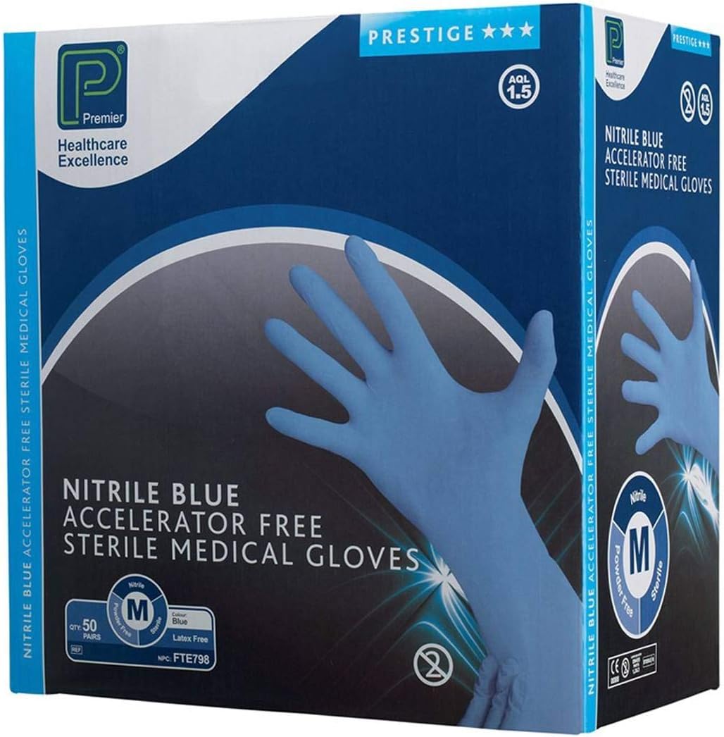 Shermond P2761AF/S Sterile Powder Free Nitrile Gloves, Size 8/Medium, Blue (Pack of 100)