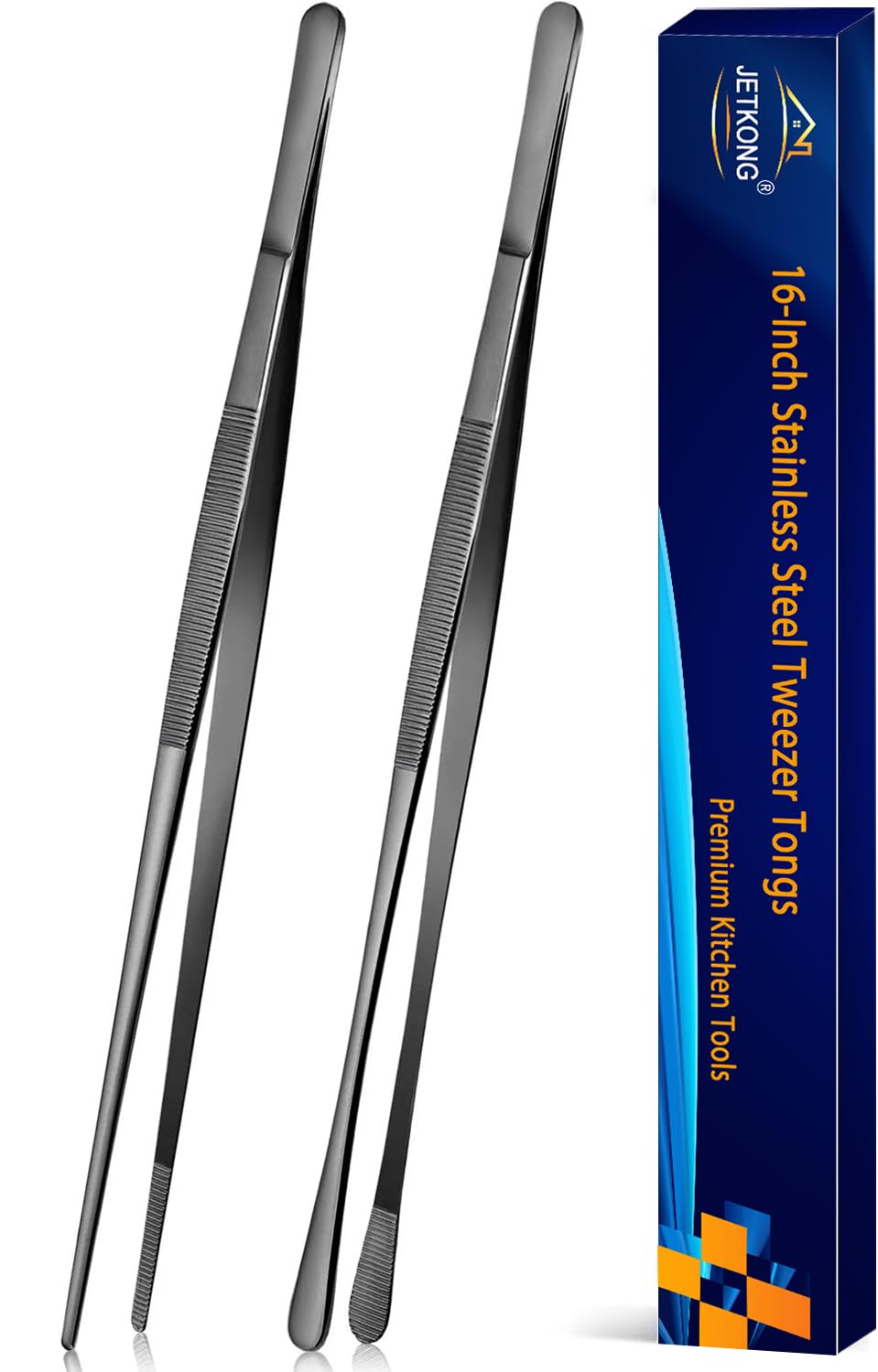 JETKONG 2 Pcs 16-Inch Kitchen Tweezers Tongs with Precision Serrated Tips, Stainless Steel Chef Tweezer Professional Cooking Tweezers for BBQ, Plating and Serving (16-Inch, Black)
