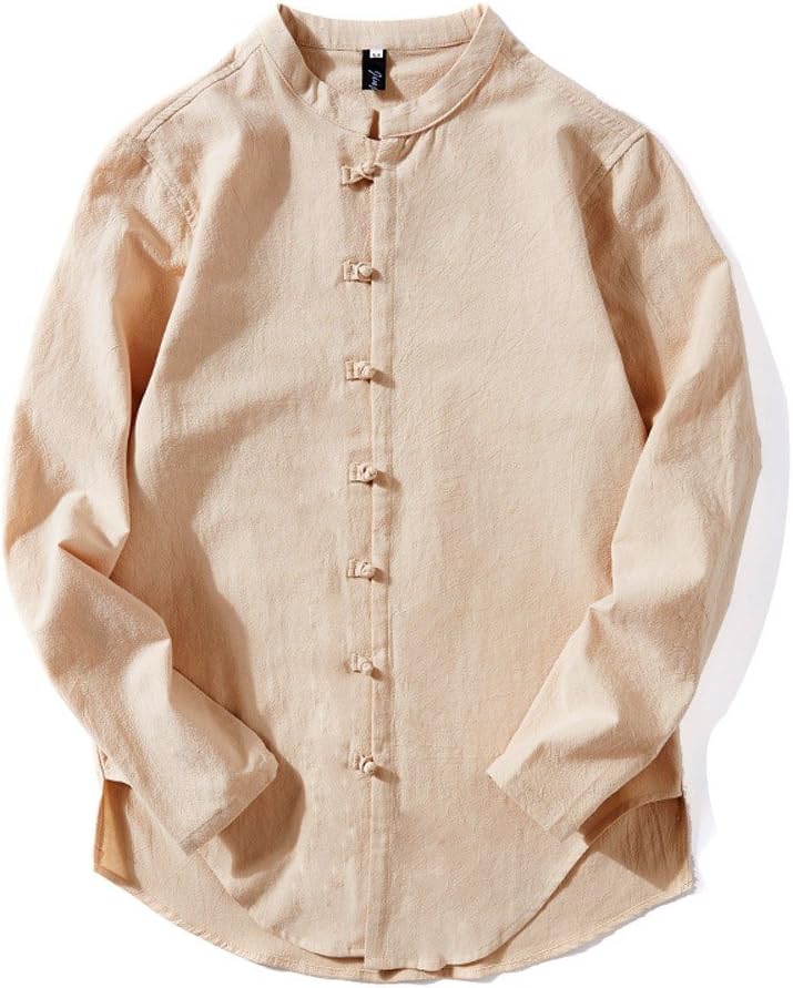 TUDUZ Men Vintage Casual Shirt Tops Linen Classic Long-Sleeve Grandad Collar Buton Leisure Solid Blouse T-Shirt