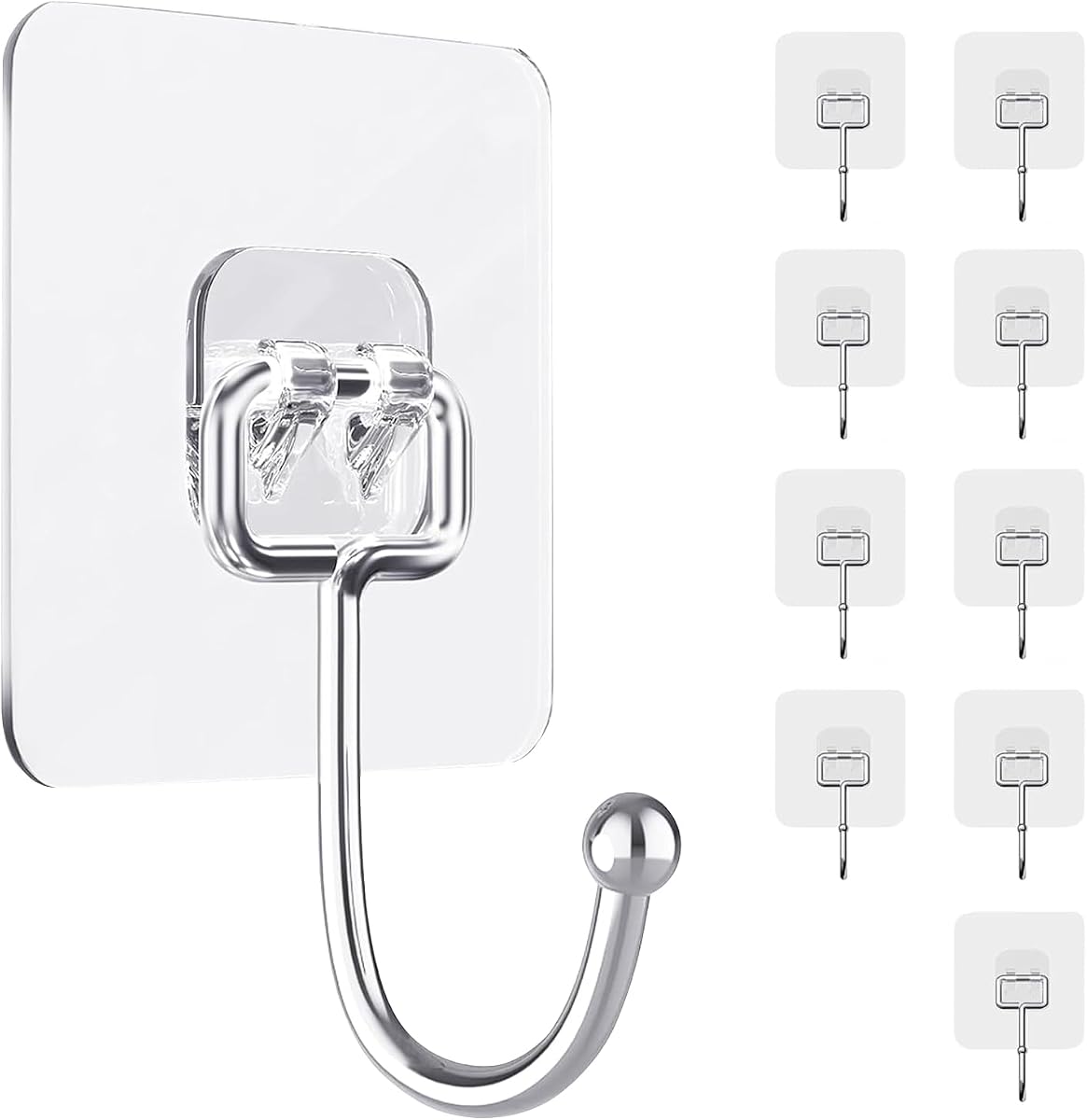 Adhesive Hooks, Hold 33lb(Max) Heavy Duty Sticky Hooks,Waterproof and Rustproof Wall Hooks for Hanging Can be Use Kitchen Bathroom Ceiling Office Window Home Improvement (Transparent 10PCS)