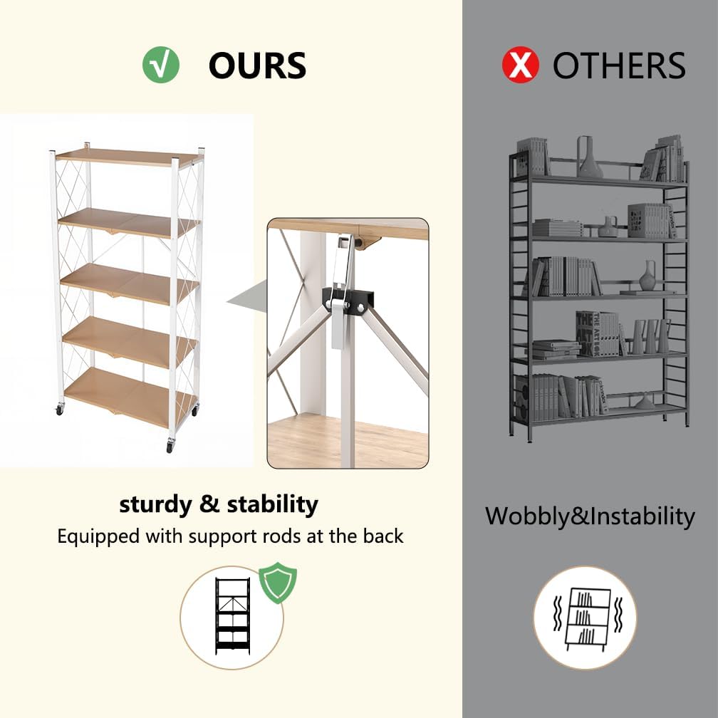 Hershii 5 Tier Foldable Storage Shelves with Wheels - Metal Collapsible Shelving Unit Display, Heavy Duty No Assembly Organizer Shelf for Garage, Kitchen, Basement, Pantry