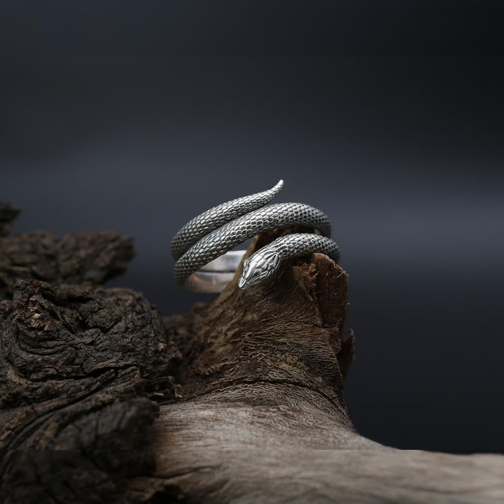 David Black Solid 925 Sterling Silver Adjustable Snake Ring for Women – Textured Serpent Wrap Open Ring, Vintage Boho Gothic Jewelry, Fashion Statement Reptile Ring