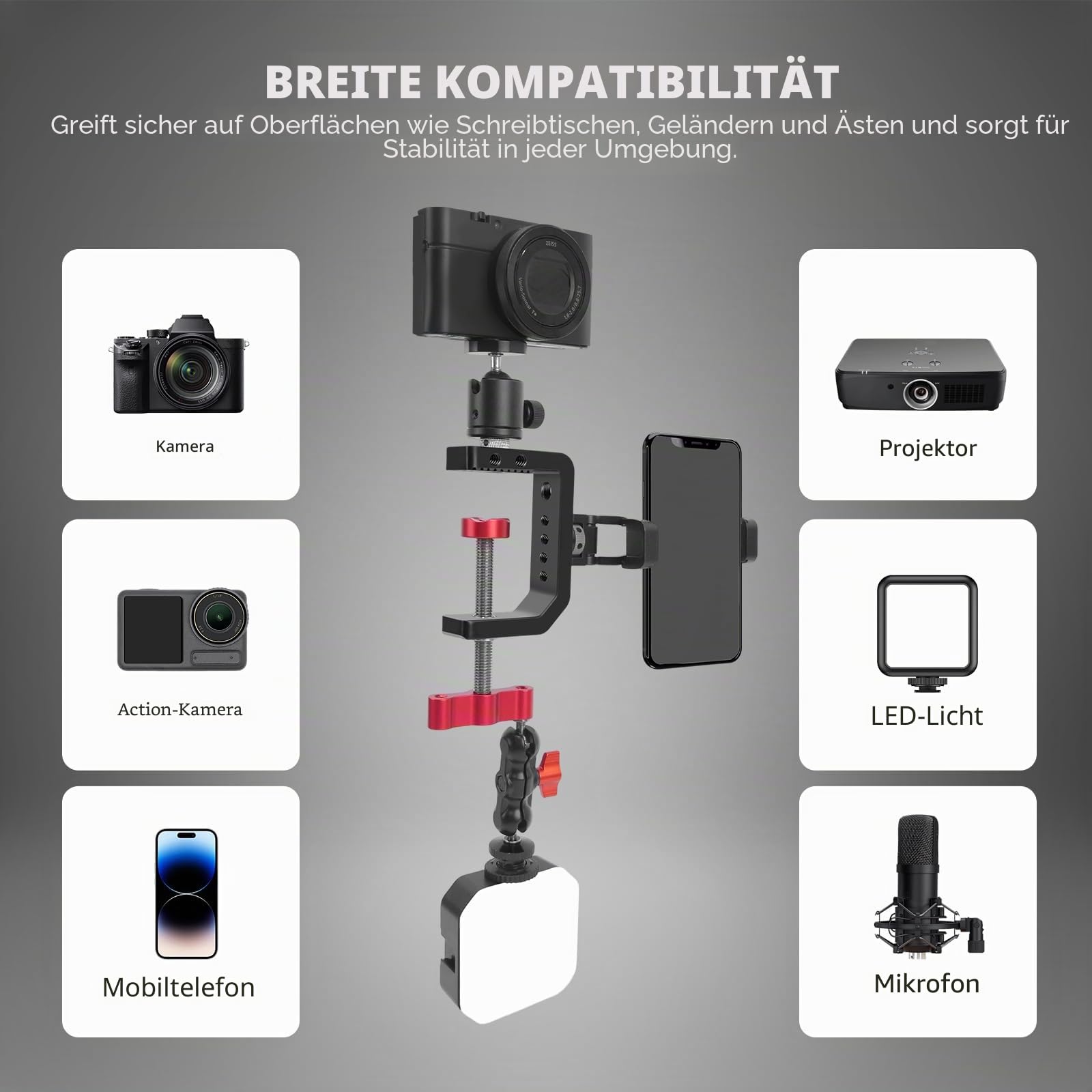 C-Klemme, Tischkamera-Halterung, Aluminium-Tisch-C-Klemme mit 0,6 cm (1/4 Zoll), 3/8 Zoll Gewinde, Desktop-DSLR-Halterung für Fotostudio-Videokamera, Lichtständer, Schreibtisch, Stangen