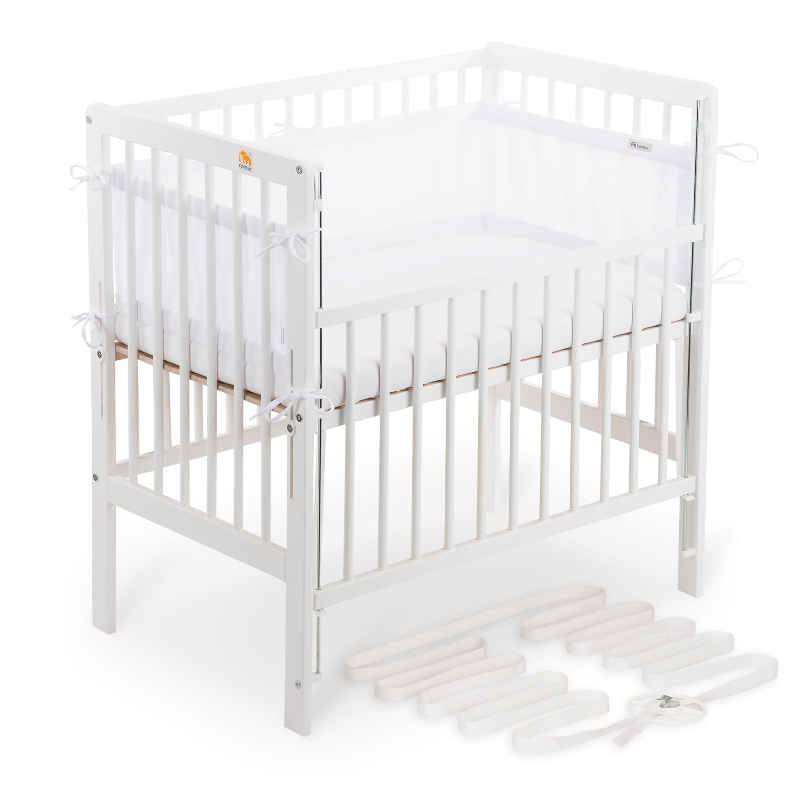 FabiMax Boxspring Baby Beistellbett Flex 90x55, TÜV geprüft, aus Buchenholz weiß lackiert, mit innovativem verstellbarem Seitengitter, passend für Boxspringbetten (Matratze Comfort, Weiß)
