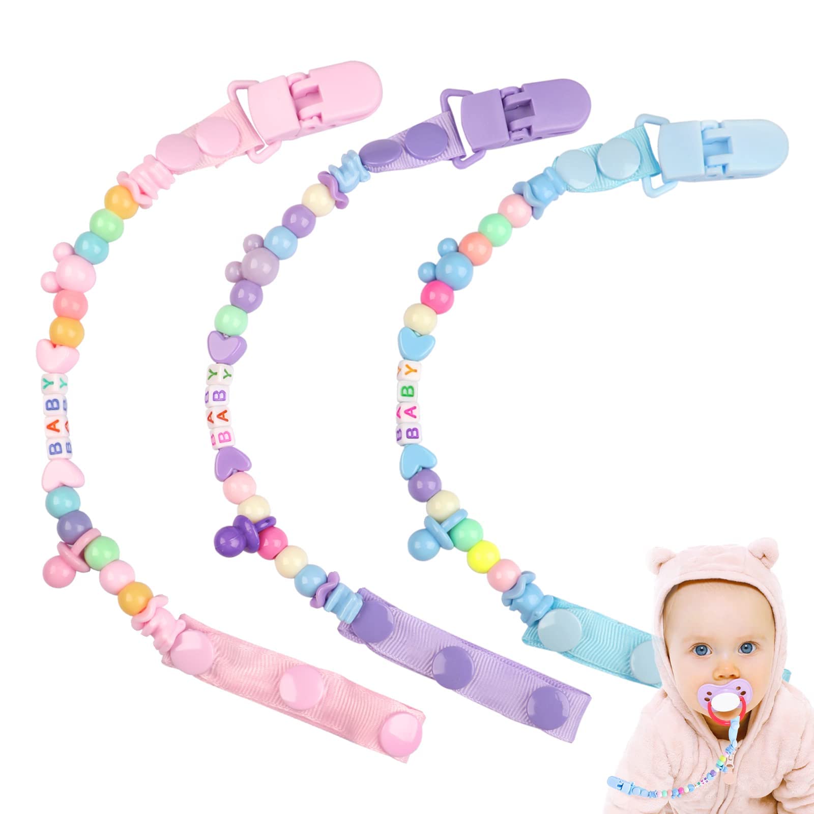 KASTWAVE Dummy Clips, 3 Pcs Adjustable Dummy Clips Soother Chain Pacifier Holders for Boys and Girls, BPA-Free and Unisex (Blue, Pink, Purple)