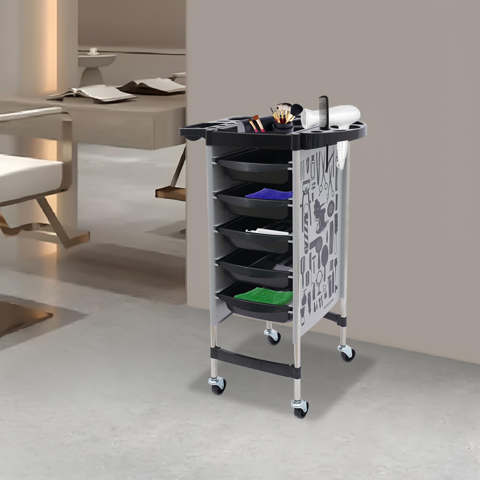Carrito de peluquería con ruedas, 90 x 36 cm, carrito de peluquería con 5 cajones, carrito de salón para suministros de peluquería, joyas, cosméticos (gris blanco)