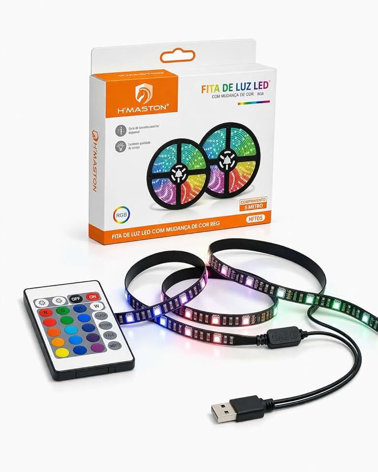 Fita LED RGB 5 Metros USB com Controle Remoto e Sensor de Som, Luzes que Sincronizam com Música, Iluminação para TV, Quarto Gamer, Decoração Colorida Flexível