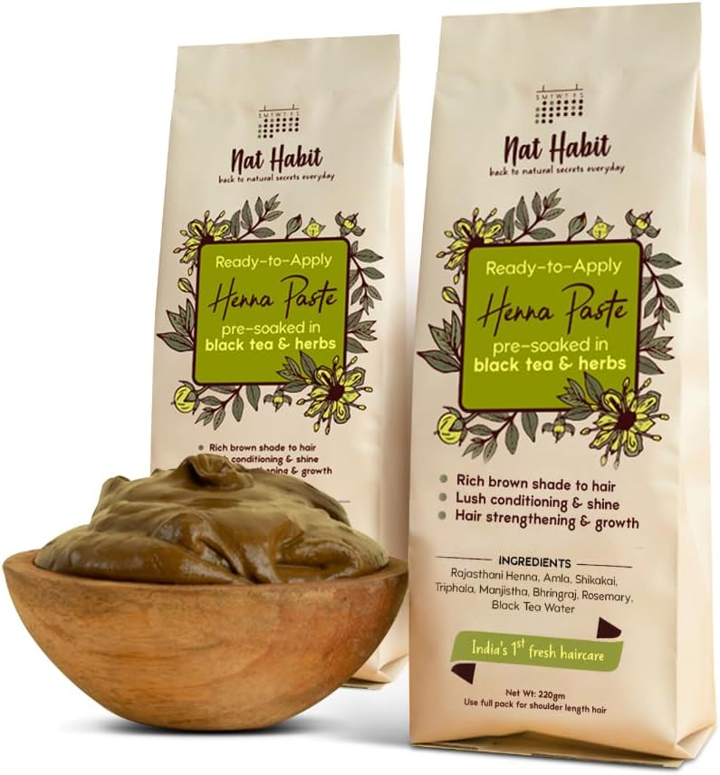 Nat Habit - Fresh Ready To Apply Henna Paste, Pre-Soaked in Black Tea and Herbs,100% Natural Rajasthani Henna, Imparts Rich Brown Shade (Pack of 2 x 220g)