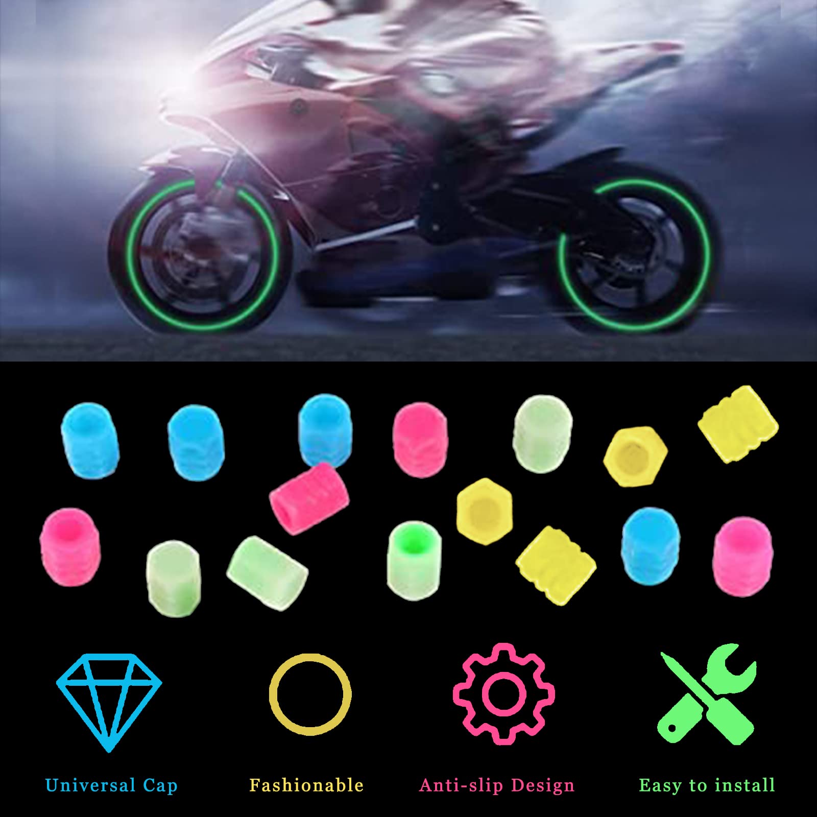 16 Tapas De Válvulas Luminosas Para Coche | Material ABS Autoluminiscente | Diseño Deportivo, 4 Colores
