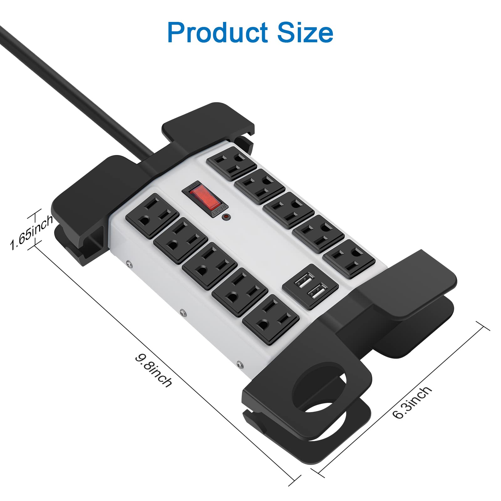 CCCEI - Regleta de alimentación resistente con puertos USB, 10 tomas, protector de sobretensiones de 2700 julios, taller industrial de metal, 15 amperios, múltiples tomas, cable de extensión