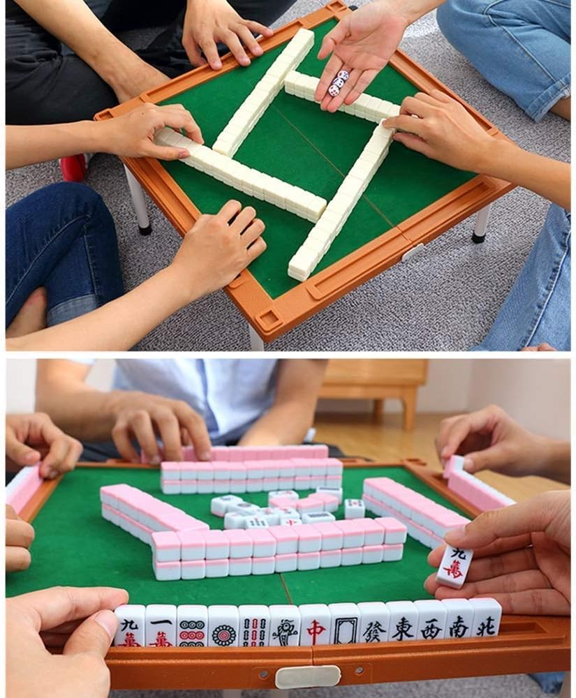 Ensemble de Mahjong Mini avec Table Pliable Ensemble de Voyage Majiang Ensemble de Mahjong Chinois Professionnel(Green)