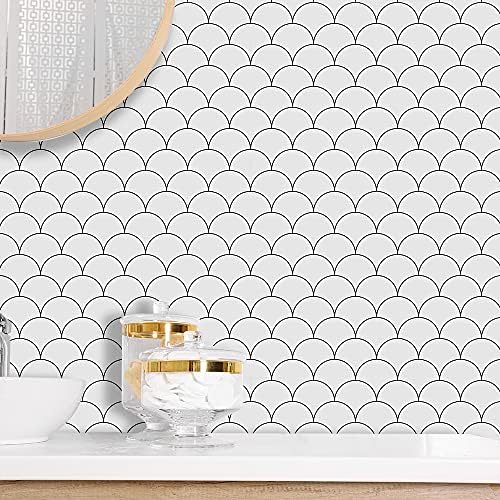 Floor Wall Tile Transfers Sticker for Home Decor, Peel & Stick self-Adhesive splashback, Tile Decals for Living Room Kitchen Bathroom Decor, 20X20cmX 10 Pcs, White and Black Line Tile Sticker