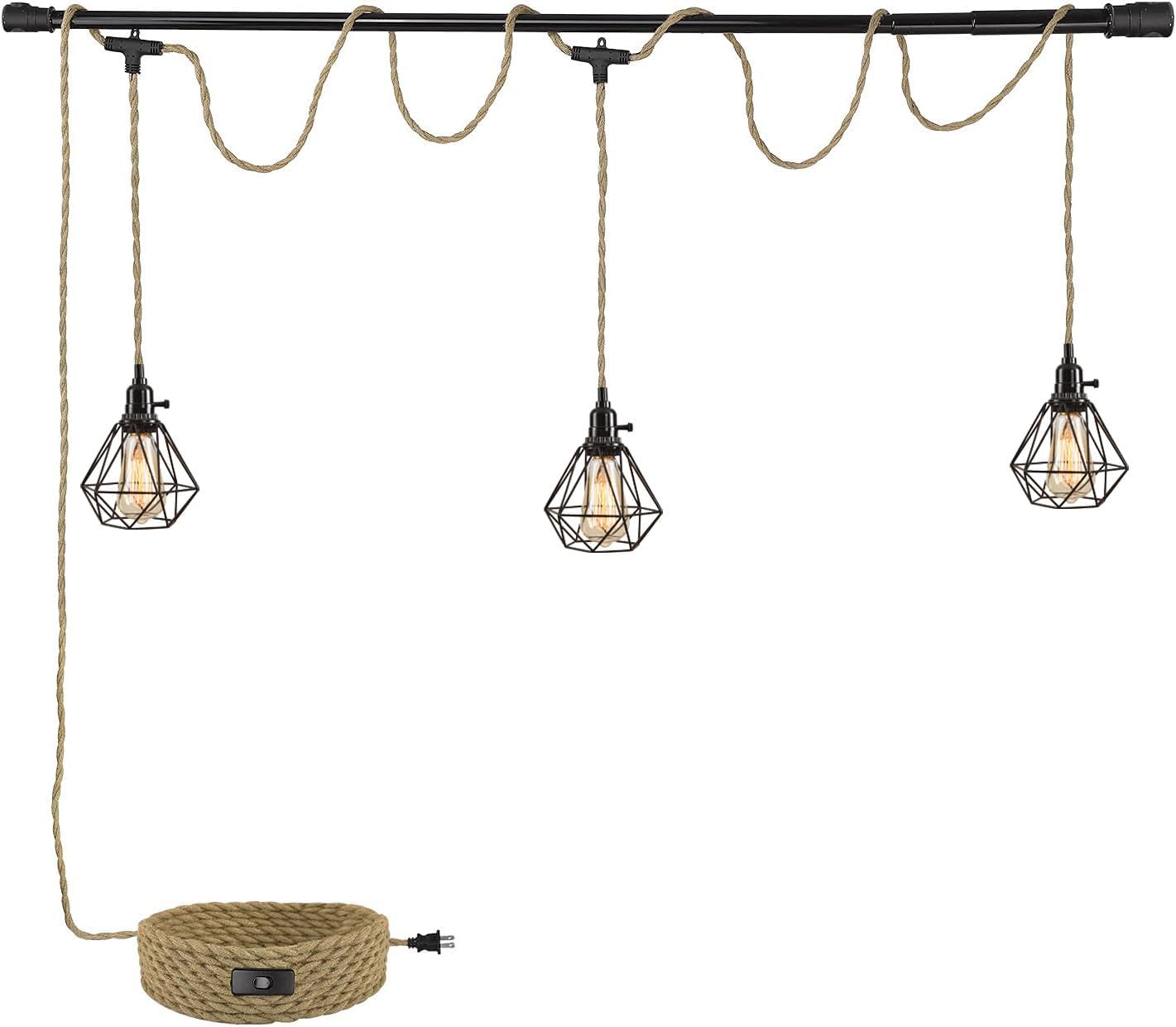 3-Light Hanging Light with Plug in Cord,Plug in Pendant Light 22ft Hemp Rope Pendant Lighting Vintage 3-Light Hanging Lamp Fixtures for Kitchen Island Living Room Bedroom