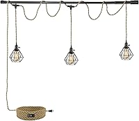 KENMI 3-Light Plug-in Hemp Rope Pendant Light, 27FT Vintage Hanging Lamp for Kitchen Island, Living Room, Bedroom - E26 Sockets
