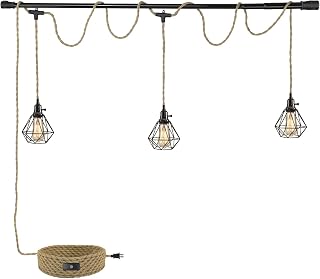 KENMI 3-Light Plug-in Hemp Rope Pendant Light, 27FT Vintage Hanging Lamp for Kitchen Island, Living Room, Bedroom - E26 Sockets