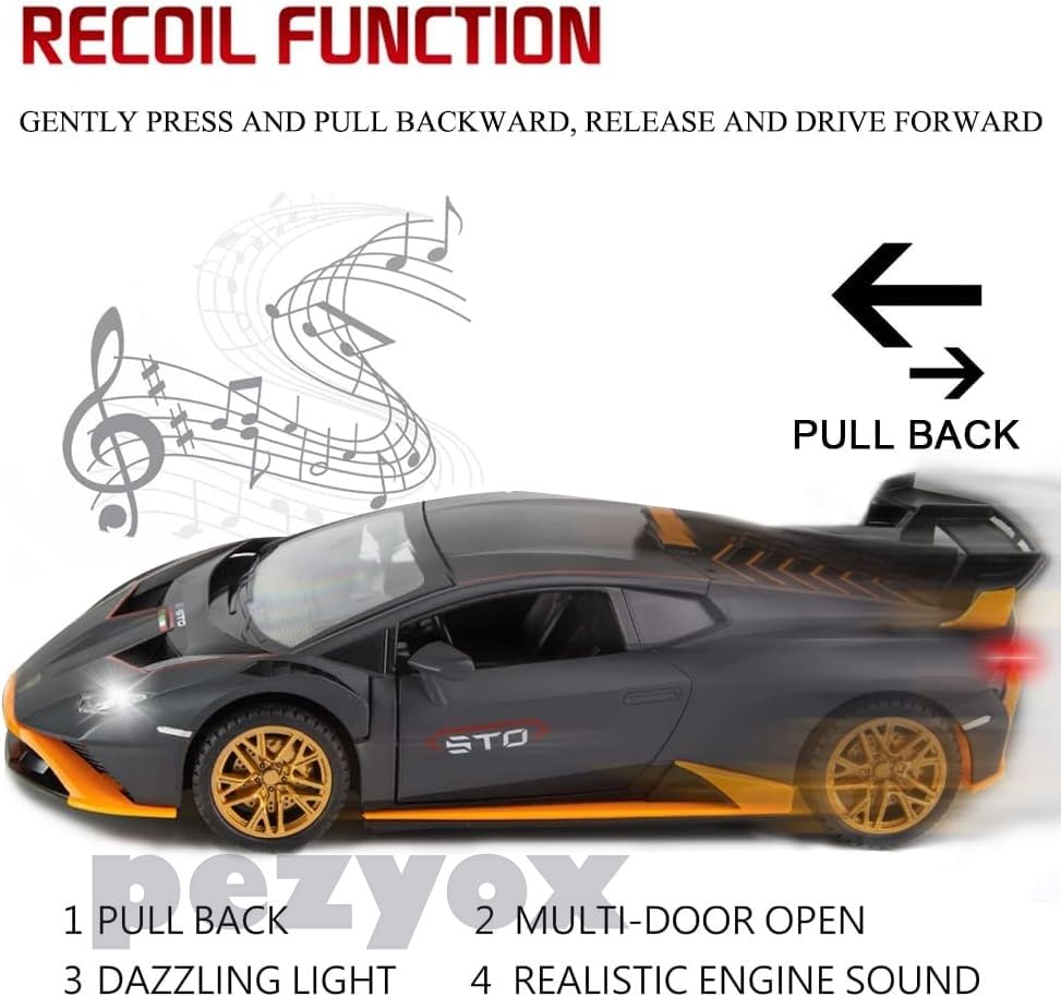 Image of Compatible for 1:24 Lambarghini Huracan Toy Car Model, Diecast Collectible Pull Back Model Car with Sound and Light, Toy Gift Vehicles for Adults Kids Boys Girls (Black)
