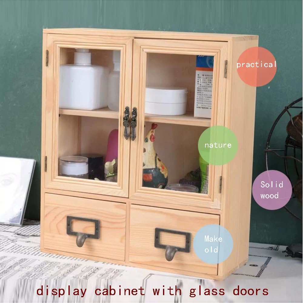 RZGKLSH Countertop Medicine Cabinet - 12.2"x4.7"x14.2"Vintage Cabinet - Pantry Storage - Glass & Wood Storage Cabinets with Doors and Shelves - Floating Shelf (Burlywood)