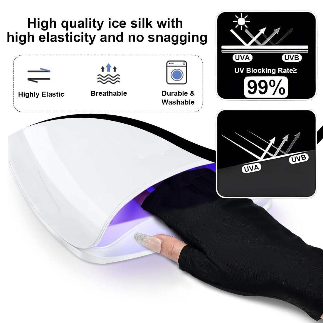 Guanti U V per Unghie in Gel, Anti UV, UPF200+, Guanti per Manicure, Guanti senza Dita Anti UV, per Manicure, Asciugatrice, Cura della Pelle delle Unghie, Fingerless, per la Casa, Outdoor (Nero)