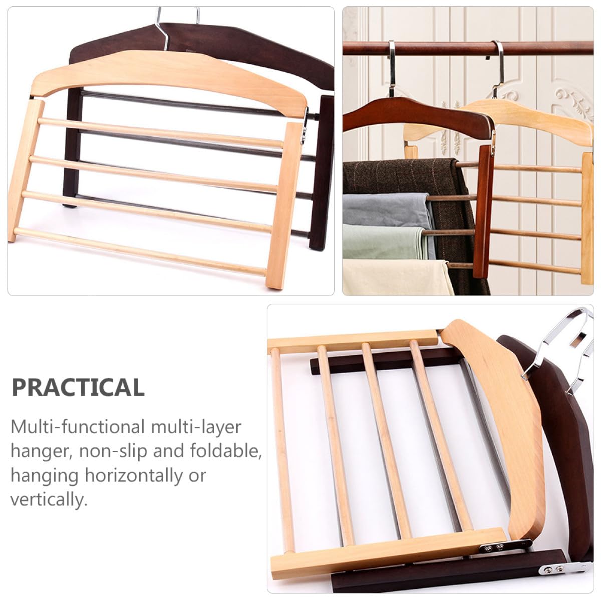 Perchas de Madera para Ropa y Pantalones, 4 Unidades Multifuncionales Sistema Antideslizante, Aptas para Colgar y Secar en Espacios Reducidos
