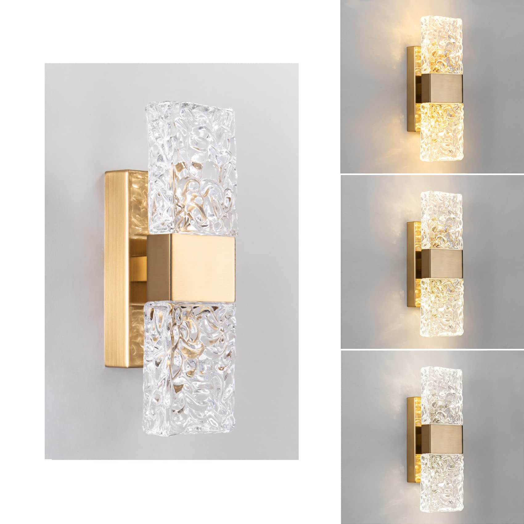 Apliques de pared 5W d | Lámpara de pared moderna de cristal con pantalla rectangular de vidrio con patrón de agua | Lámpara de vanidad para baño | Luminaria de decoración de(Luz neutral)