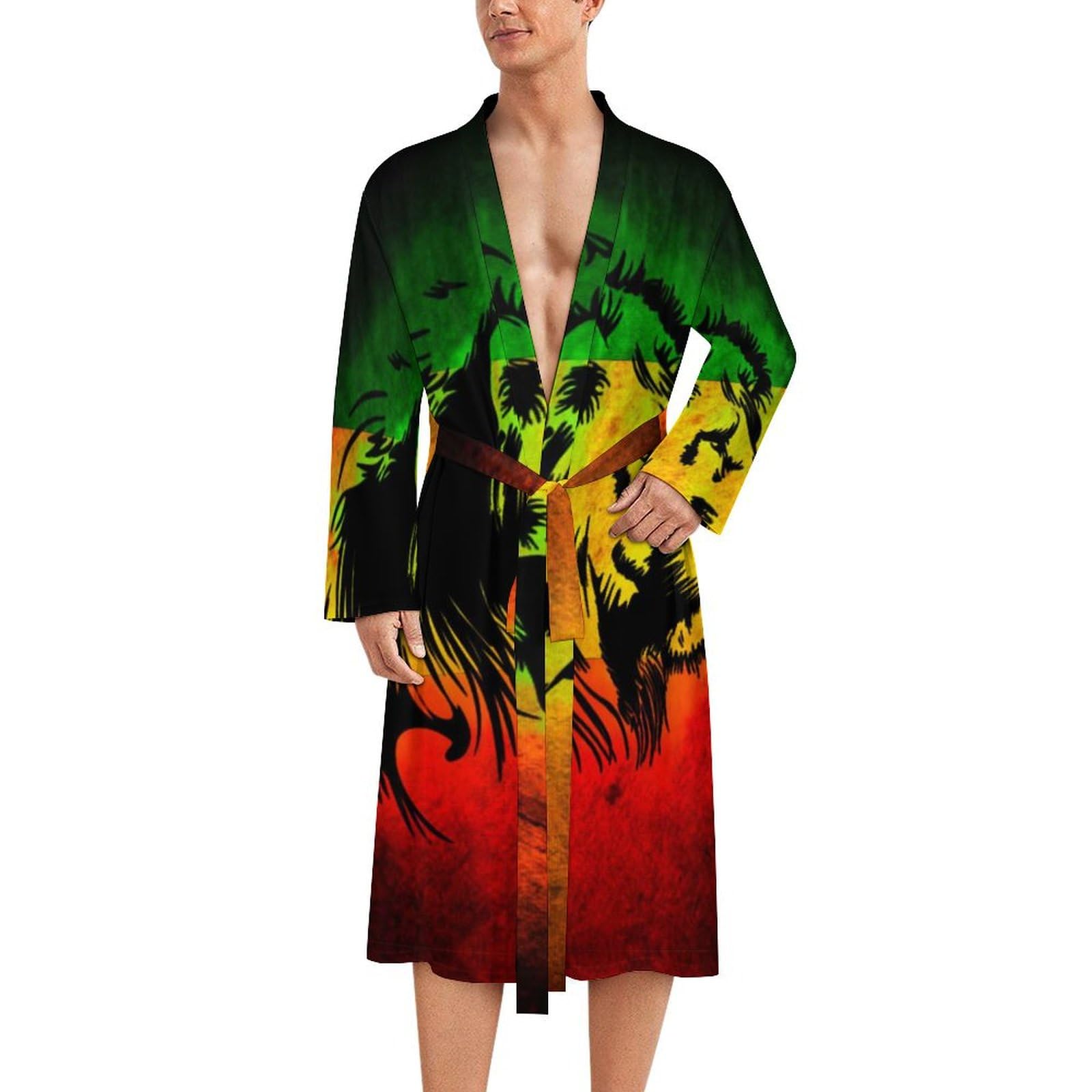 Lion Reggae Jamaica Men's Robe Soft Bathrobe Pyjama Sleepwear Loungewear Dressing Gown with Belt M