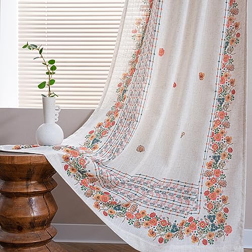 Image of MYSKY HOME Boho Curtains for Bedroom 63 Inch Long Linen Look Semi Sheer Back Tab Drapes Flower Bohemian Style Texture Window Treatment for Living Room Decoration, 2 Pcs, Yellow, 50 inch Wide