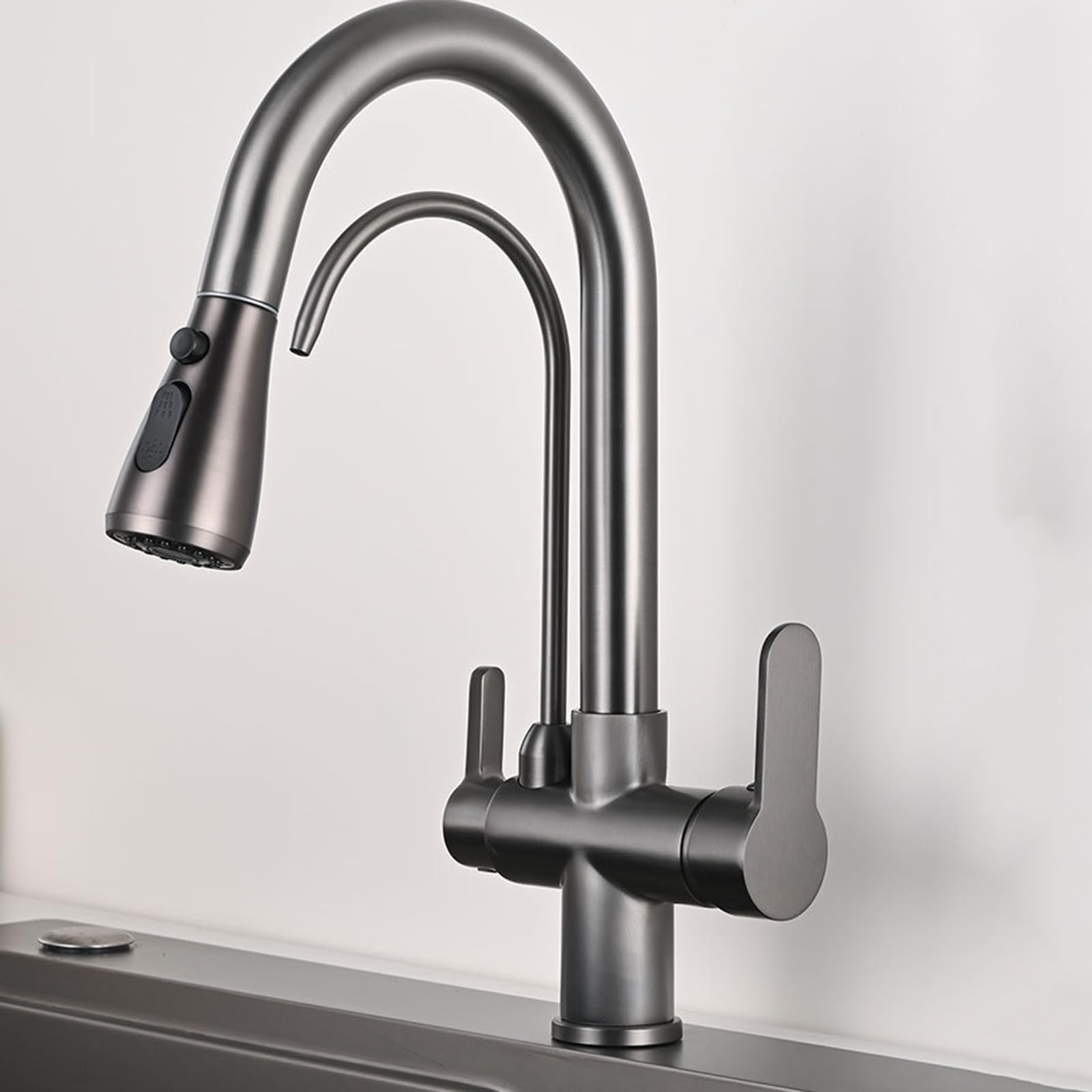 ZYCHSJXA 3 Way Kitchen Tap Pull Out Swivel Sink Taps Brass 2 Water Outlets Purified Hot and Cold Water-Grey