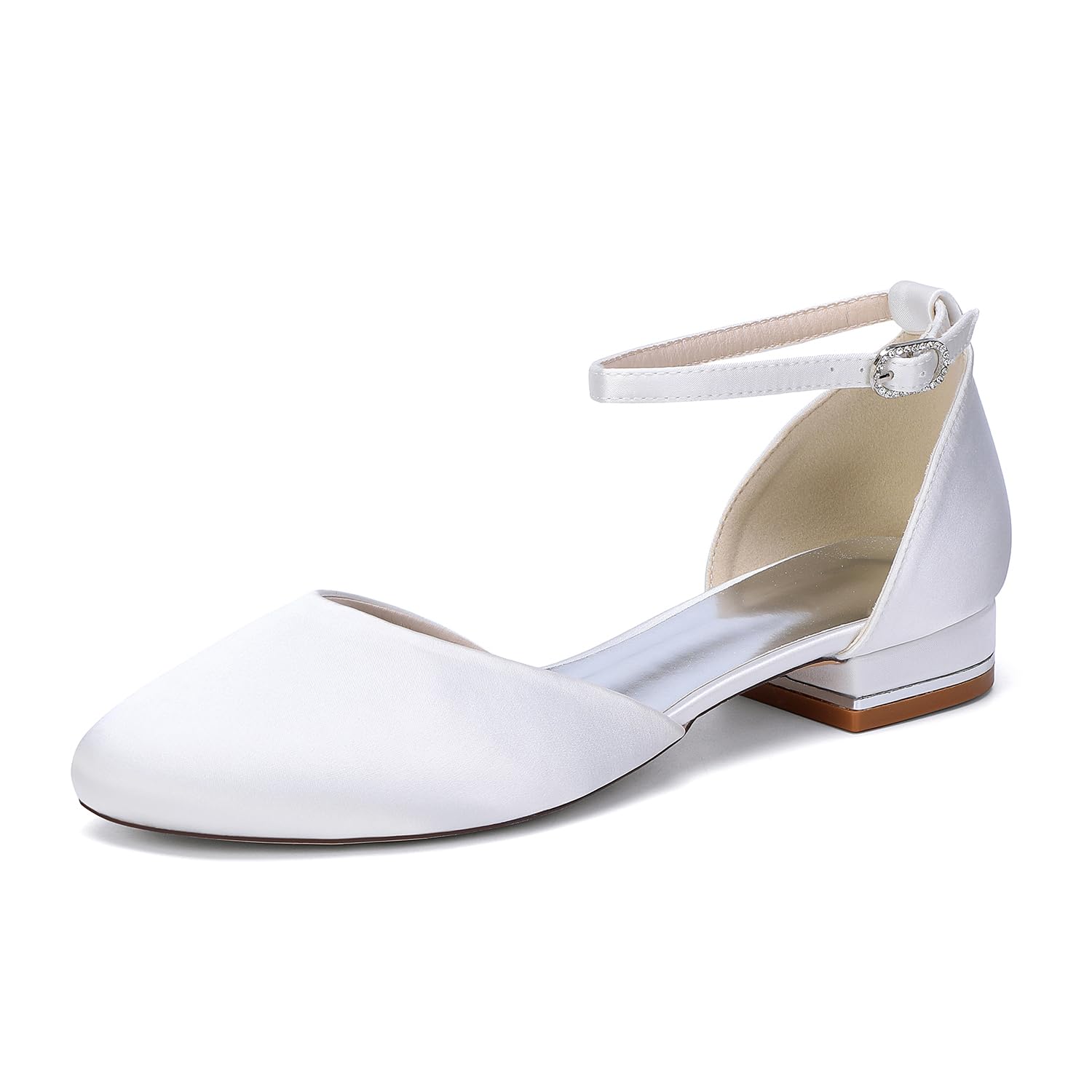 Ballerine Mary Jane in Raso Bianco Donna, Scarpe da Sposa a Punta Tonda con Cinturino alla Caviglia e Taglio D'Orsay, Eleganti Scarpe Basse da Cerimonia