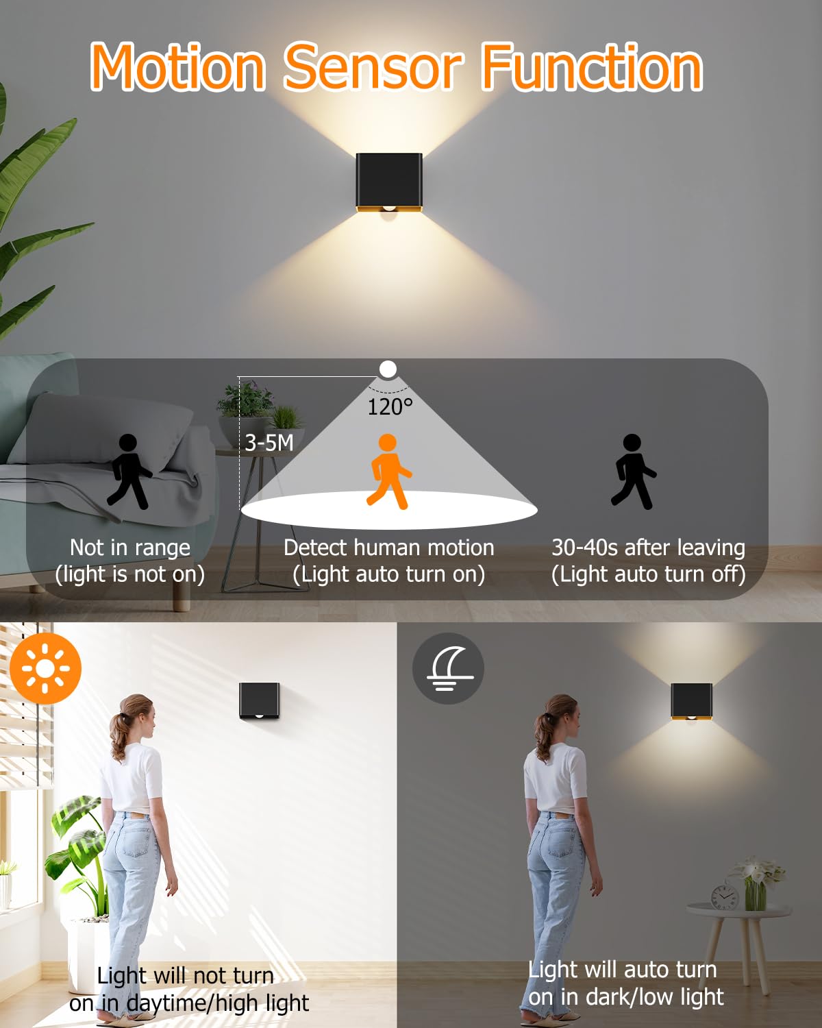Kinamy Wandleuchte mit Bewegungsmelder Innen, LED Wandlampe Up Down, Wandbeleuchtung Moderne Schwarz, Wandleuchten für Flur, Treppen, Küche, Wohnzimmer, Schlafzimmer, 2 Stück (Packung mit 2)