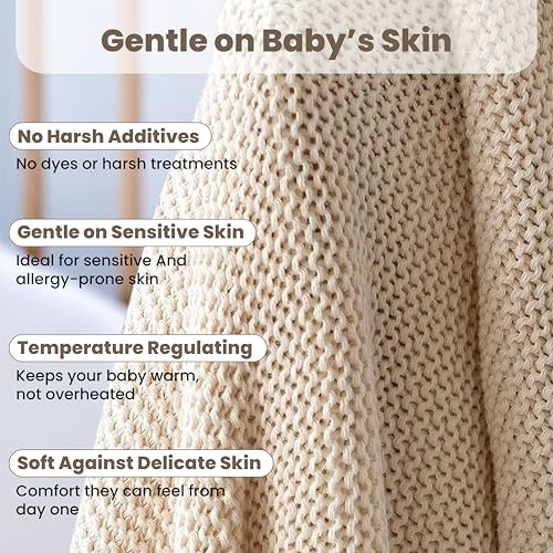 Image of Organic Cotton Baby Blanket 30x40 in, Stone - GOTS Certified, Soft Knit Swaddle with Gift Box, Breathable Nursery Blanket for Crib & Stroller, Machine Washable