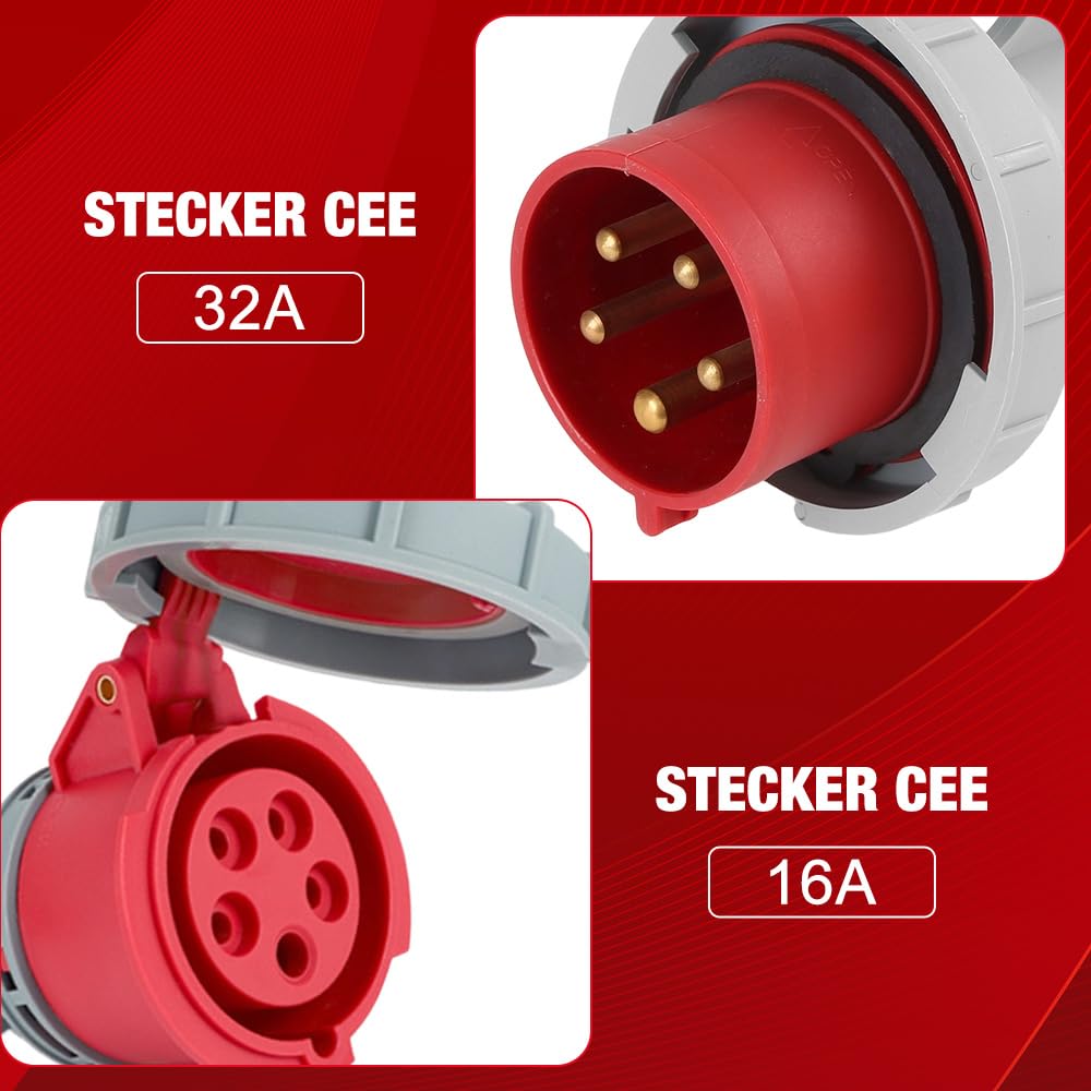 Adaptateur CEE Fiche 32A Vers Prise 16A, Adaptateur de Couplage 32 A vers 16 A avec Couvercle de Protection, 5 Broches, Étanche IP44, pour Véhicules Électriques, Ateliers, Chantiers, Industrie