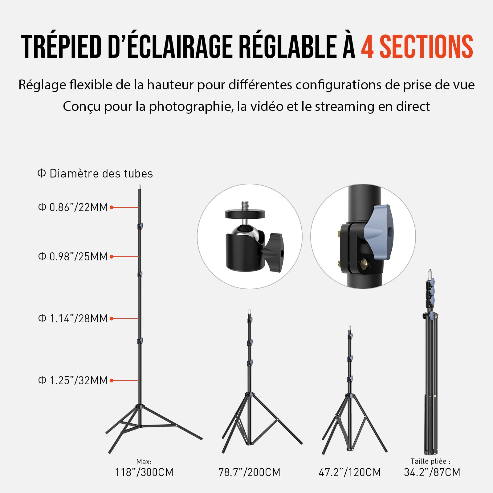 Trépied Lumineux pour Photographie, 118 Pouces / 10 Pieds / 300 cm : Statut de Studio Haute Qualité – Trépied Lourd pour Photo & Vidéo – Inclut Une Vis 1/4" pour Anneau Lumineux, Réflecteurs, Softbox