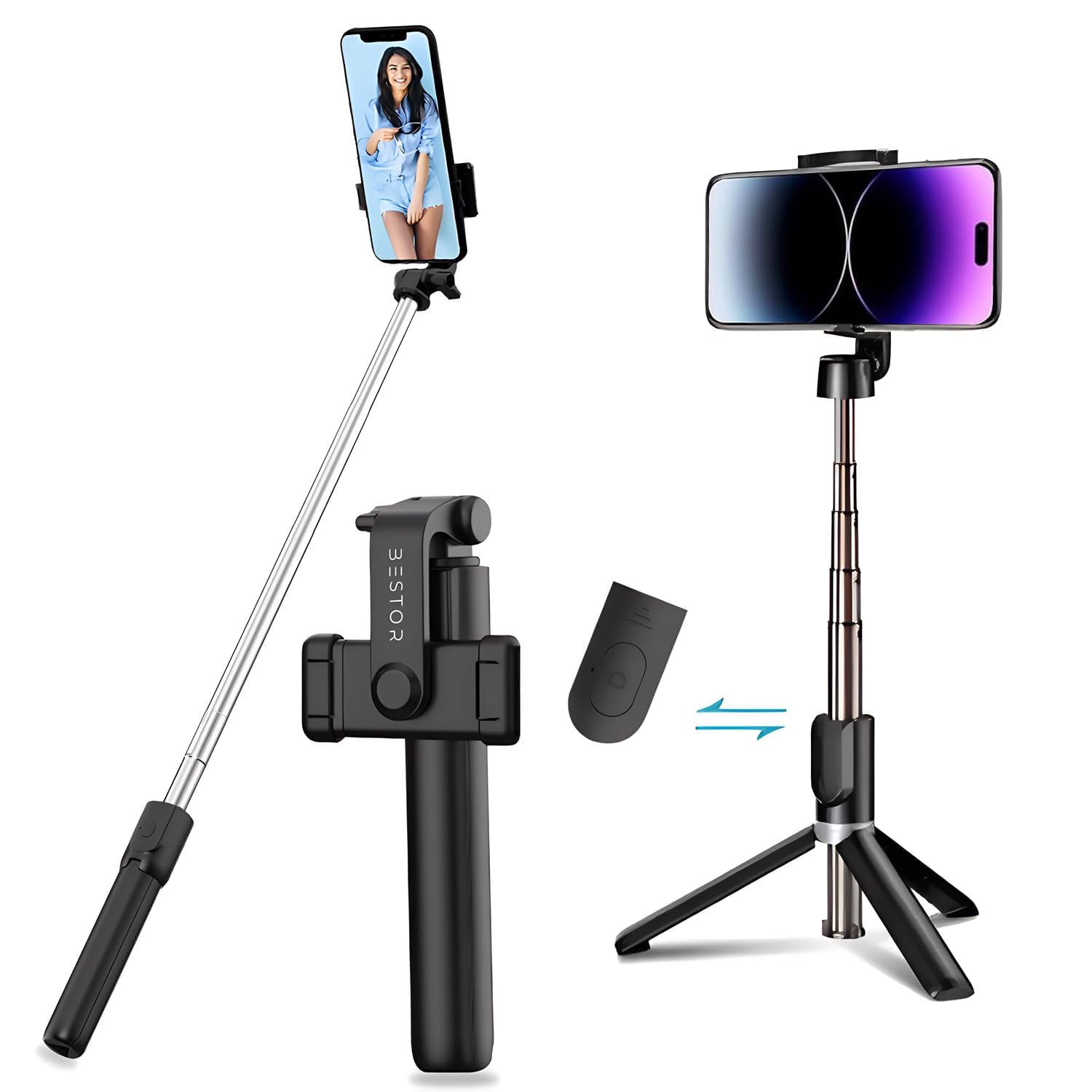 Bestor Selfie Stick Tripod with Wireless Remote Extendable Stand for Vlogging & Photography Bluetooth Selfie Stick (Black, Remote Included)-image-45