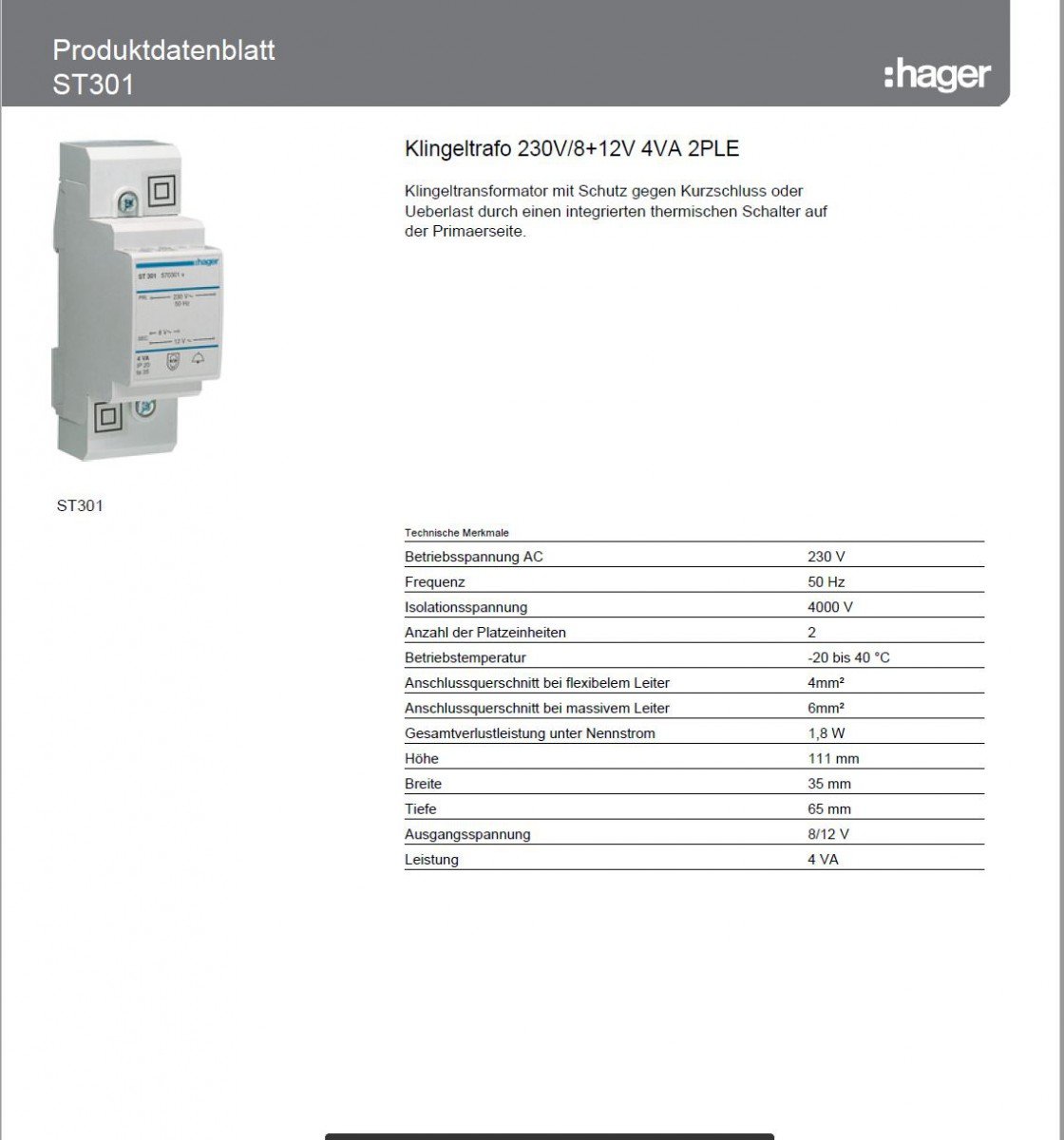 Hager ST301 Kl.trafo 8V/0.5A-12V/0.33A sekundär, White