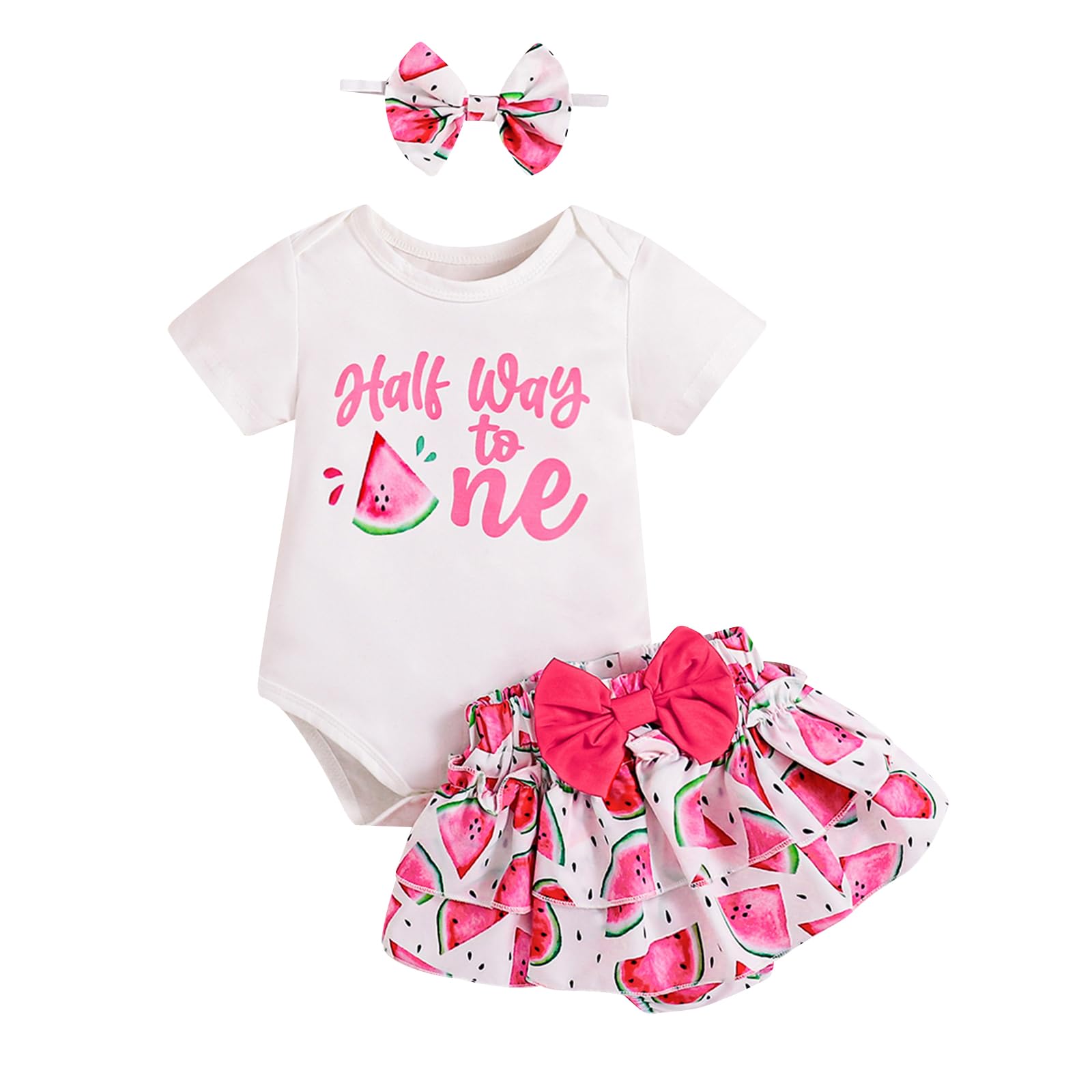 Andannby 6 Months Baby Girl Half Birthday Outfits Short Sleeve Romper Fruit Ruffle Skirt and Headband Half Way to One Clothes (Red Watermelon, 3-6 Months)