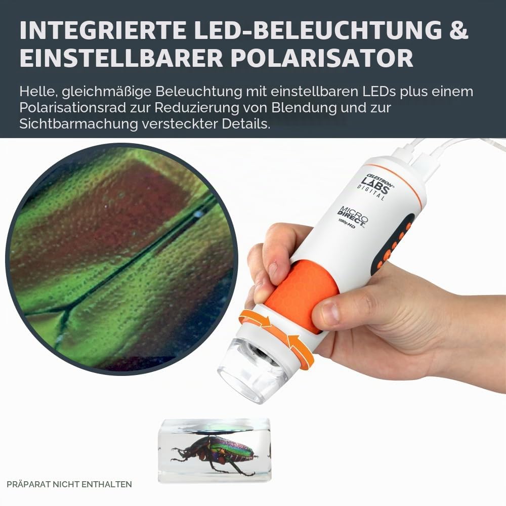 Celestron 44316 MicroDirect 1080P HDMI digitales Hand-Mikroskop, 10- bis 220-fache Vergrößerung, Grau/weiß