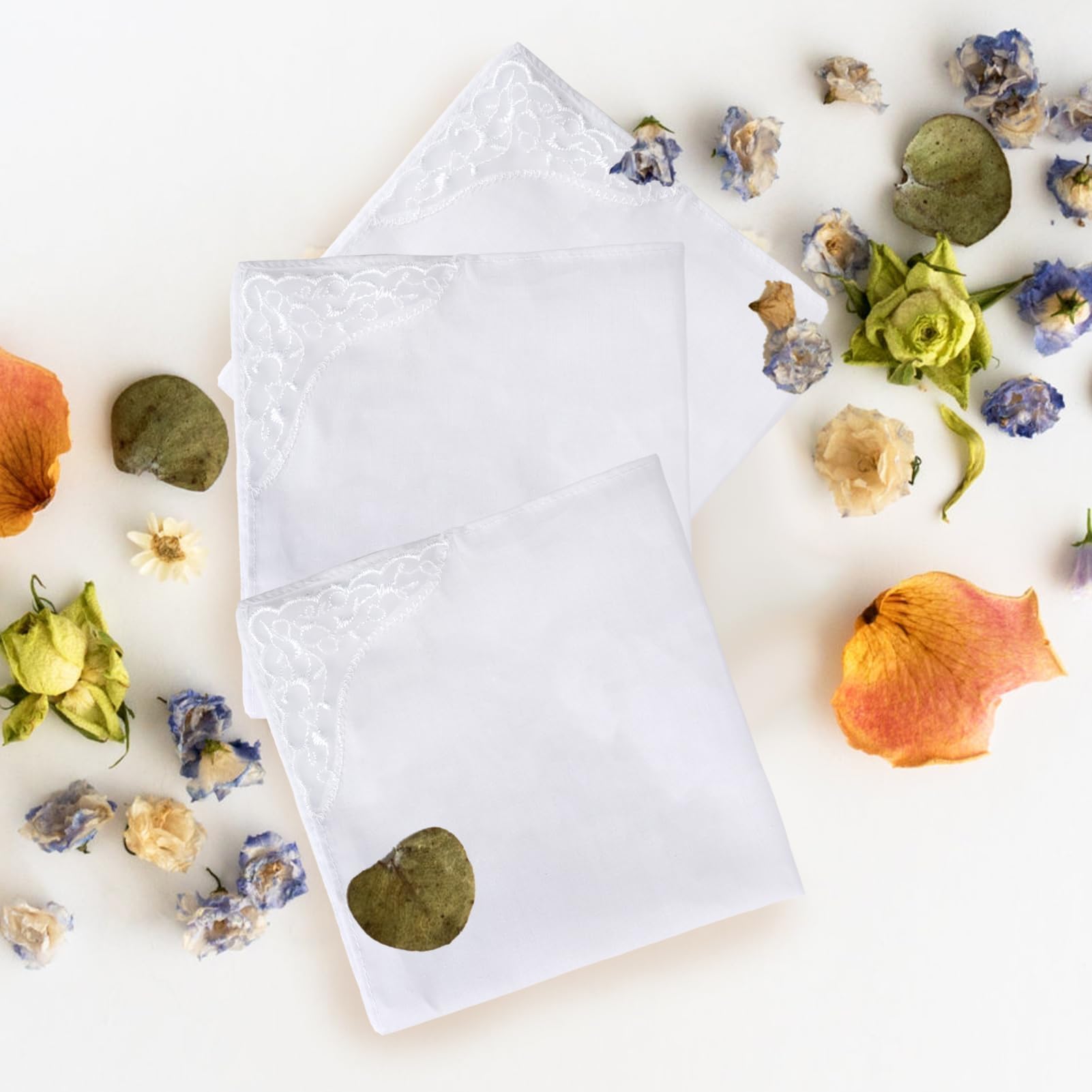 3 Pcs White Soft Cotton Ladies Handkerchiefs for women, Elegant Embroidery Lace Pure Color Square Hankies, Portable Comfortable Daily Accessory Suitable for Afternoon Tea Party (11 inch)