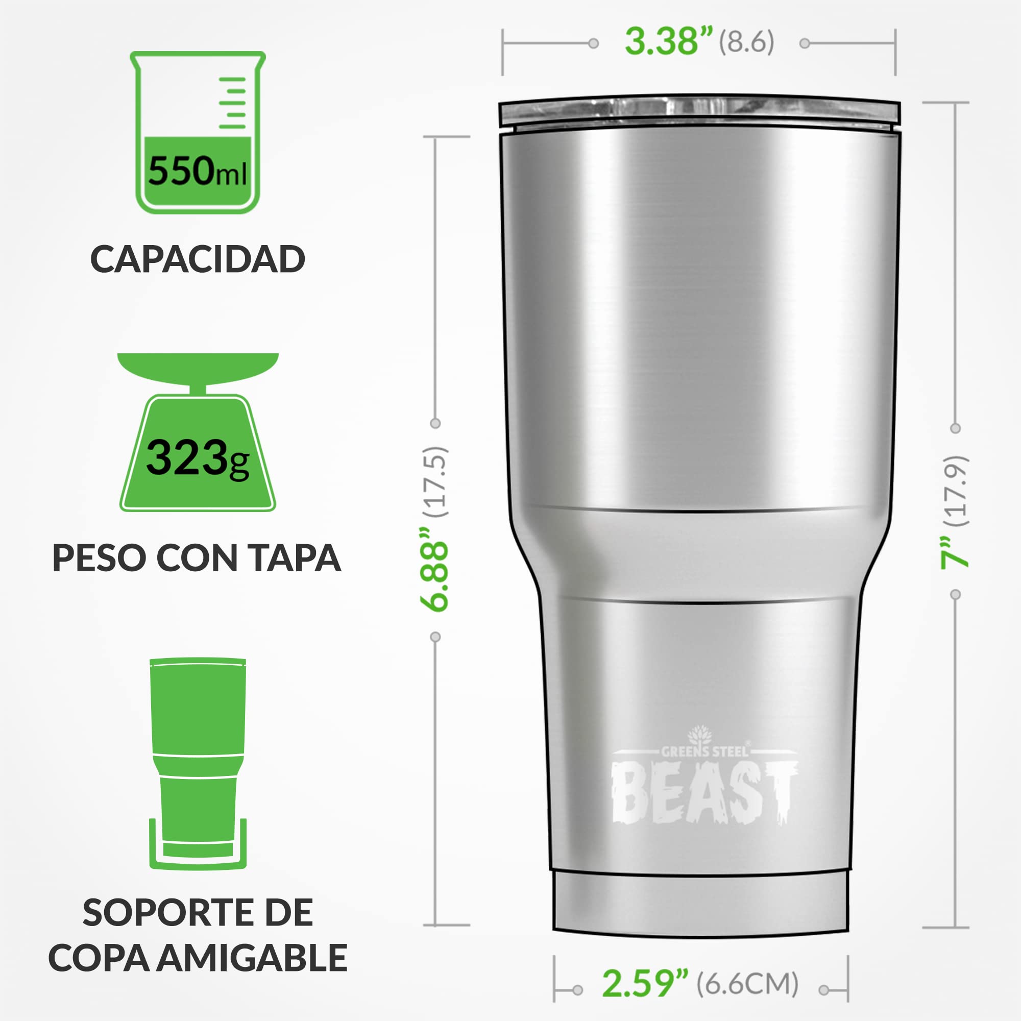 Greens Steel Beast Tumbler – 550 ml (20 oz), Coral | Vaso de acero inoxidable reutilizable con aislamiento al vacío | con 2 pajitas y cepillo de limpieza | Termo de viaje de doble pared — view 5