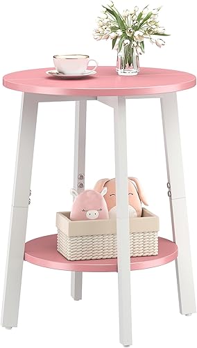 Miniatura 12 de Mesa auxiliar, pequeña mesa auxiliar redonda con estante de almacenamiento para espacio pequeño, mesita de noche de 2 niveles, mesa de sofá, mesa