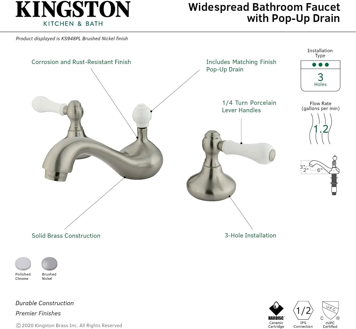 Kingston Brass KS948PL 8 to 16 in. Widespread Bathroom Faucet, Brushed Nickel
