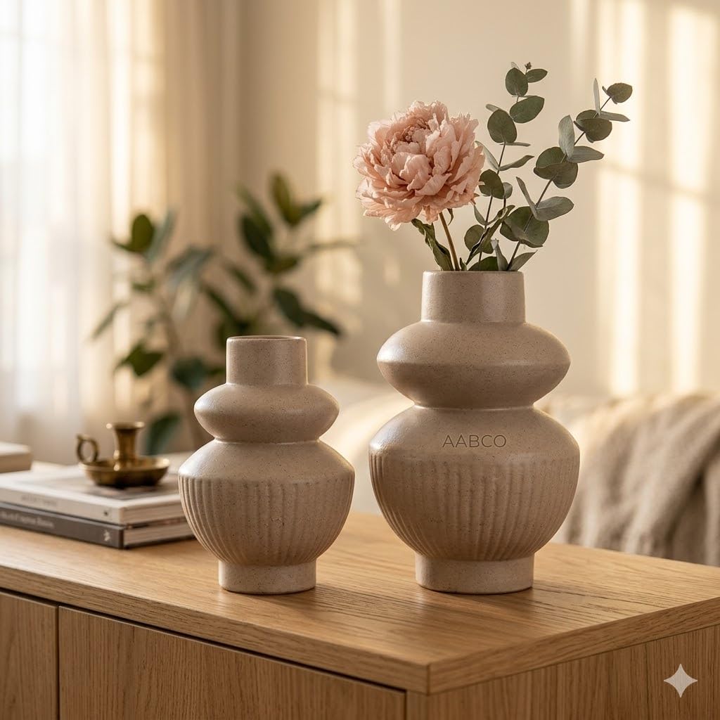 Ceramic Vase Set of 2, Beige, Ribbed Textured, Boho Style, Table Decor for Living Room-image-18