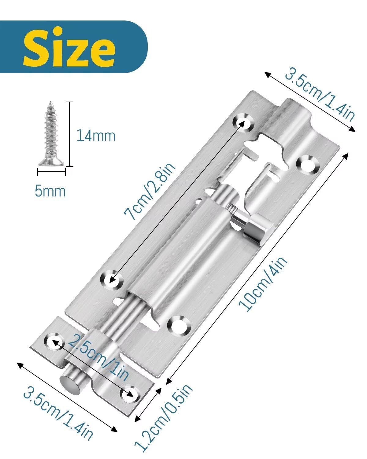 4 Inch (100mm) Door Lock, Leryati 2Pcs Bedroom Door Lock Stainless Steel Bolt Locks - Image 3